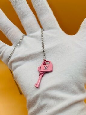 Louis Vuitton Pink Lock and Key Charm Necklace with 18” Silver Chain